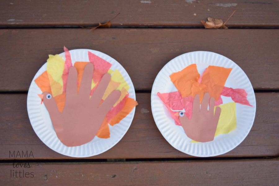 Two examples of completed paper plate turkey craft 